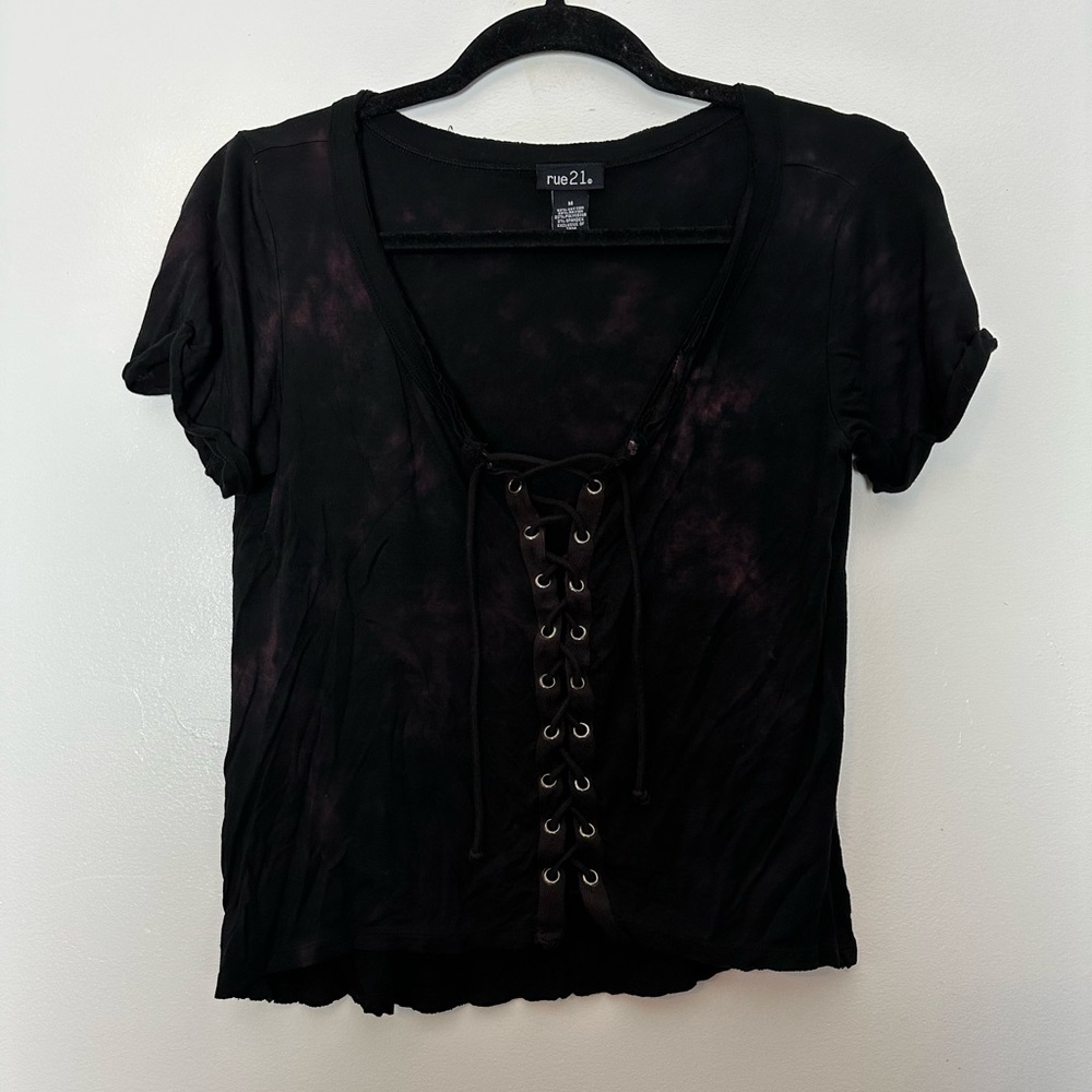 Sexy rue21 Acid Wash Lace-Up Blouse | Size Medium